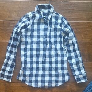 Boy's Navy And White Checkered Gingham Print Button Down Shirt Sz 8-10